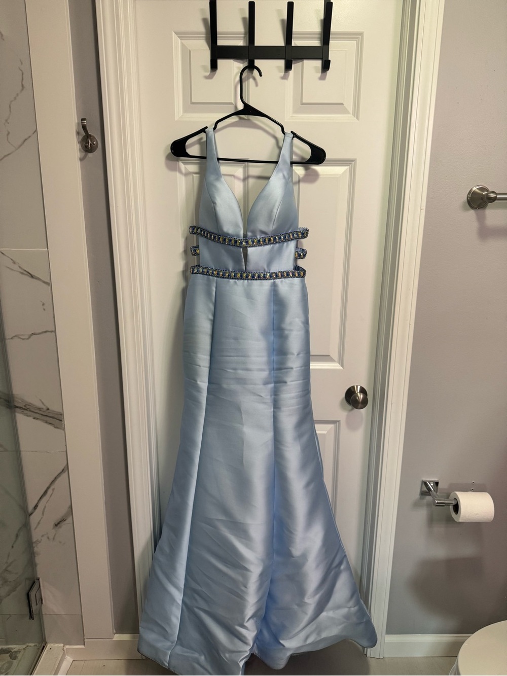 ellie wilde Light Blue Satin Prom Gown with Jeweled Waist